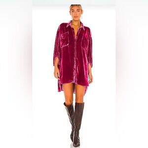 Free People Velvet Shirt Dress in Rich Pink